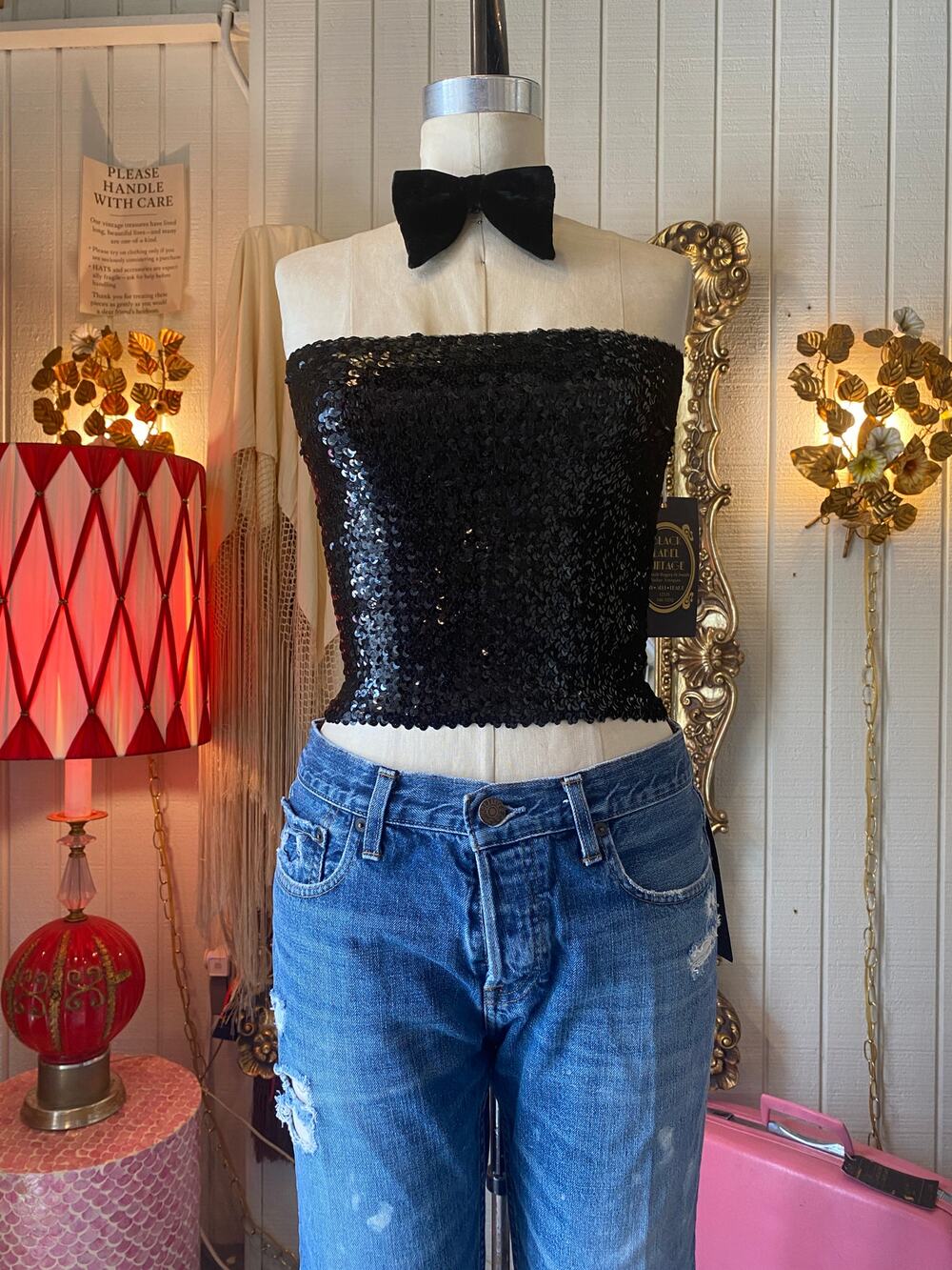 vintage 1970s black sequin tube top, 70s fashion, disco style, club dance glam